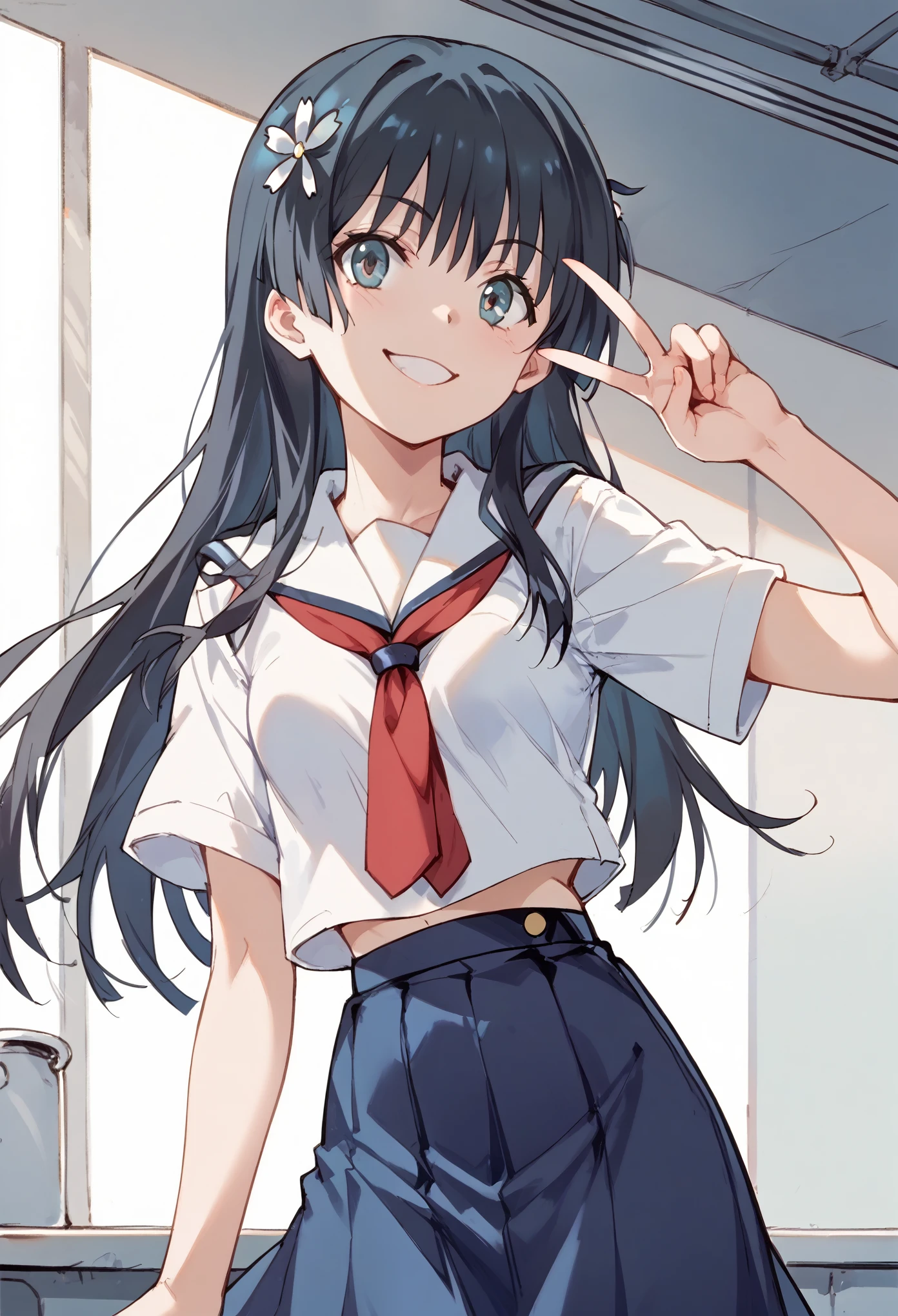 ((masterpiece,High resolution,Highest quality,8k))
(A Certain Scientific Railgun,Saten Ruiko)(14-year-old female,Long Black Hair,Small breasts,Slim body,Flower Hairpin)
(White Sailor Suit,Red tie,Blue Skirt)peace sign,smile
