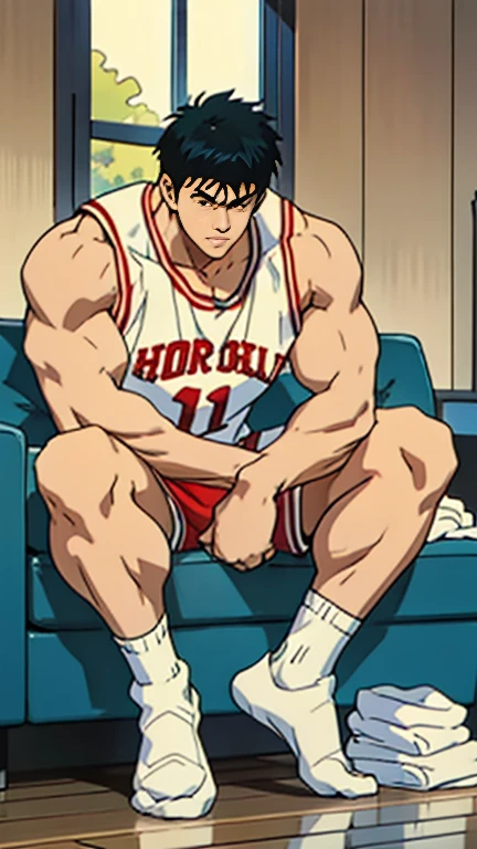 Wearing basketball uniform,Sitting on the pure white sofa,Lean back on the backrest,,sleep,Wearing white socks,Broad shoulders ,Very strong, muscular,Men, Muscle Man,Clean face,full-body shot,Shoes, clothes and towels piled up at my feet