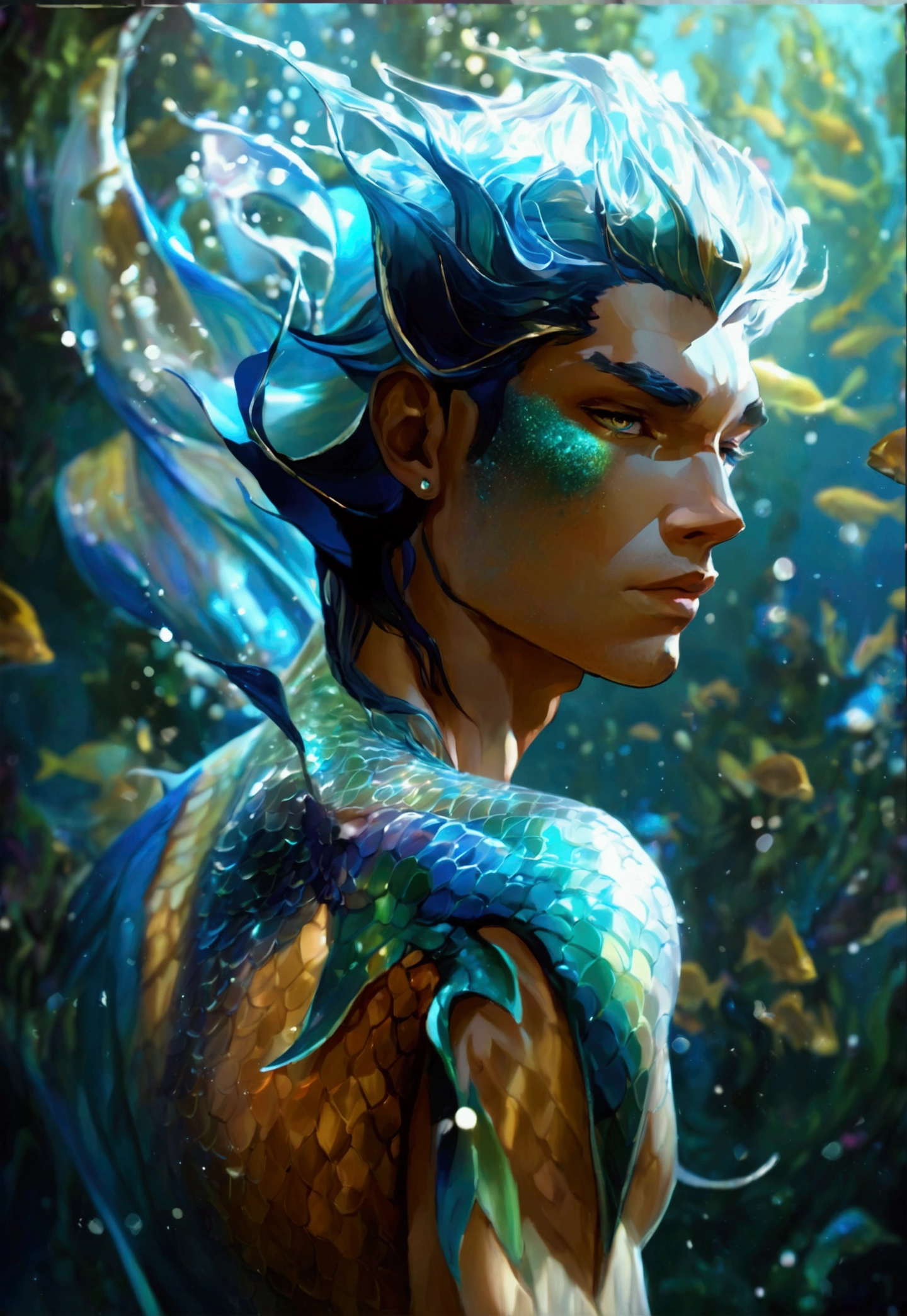 "Create a striking and captivating digital illustration of a male merman with the following features: Physical Appearance: Pale, porcelain-like skin with a delicate, almost ethereal quality Androgynous facial features that blend masculine and feminine traits - large, expressive golden eyes, high cheekbones, and full, sensual lips Long, flowing dark blue hair that cascades dramatically around the face and shoulders, creating a sense of movement and mystery A slender, lithe build with no visible muscle definition, giving the merman a delicate, almost fragile appearance Mermaid Tail: The merman’s lower body transitions into a long, powerful tail inspired by the vibrant and dramatic fins of a betta fish The tail is covered in shimmering, iridescent scales that shift and glimmer with a mesmerizing array of blues, greens, and golds The fins are large, flowing, and highly detailed, with intricate patterns and textures that suggest a sense of underwater movement and grace The tail tapers to a dramatic, elongated point, adding to the merman’s otherworldly and captivating appearance