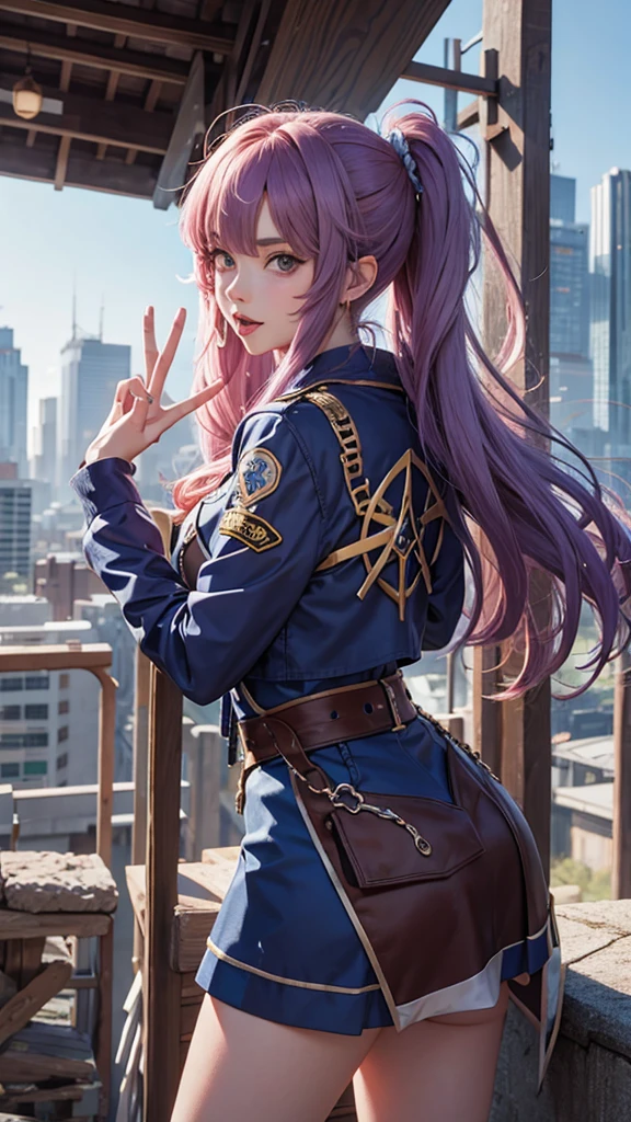 nicole demara, cowboy shot, tongue out, peace symbol, from side, city, anime source BREAK