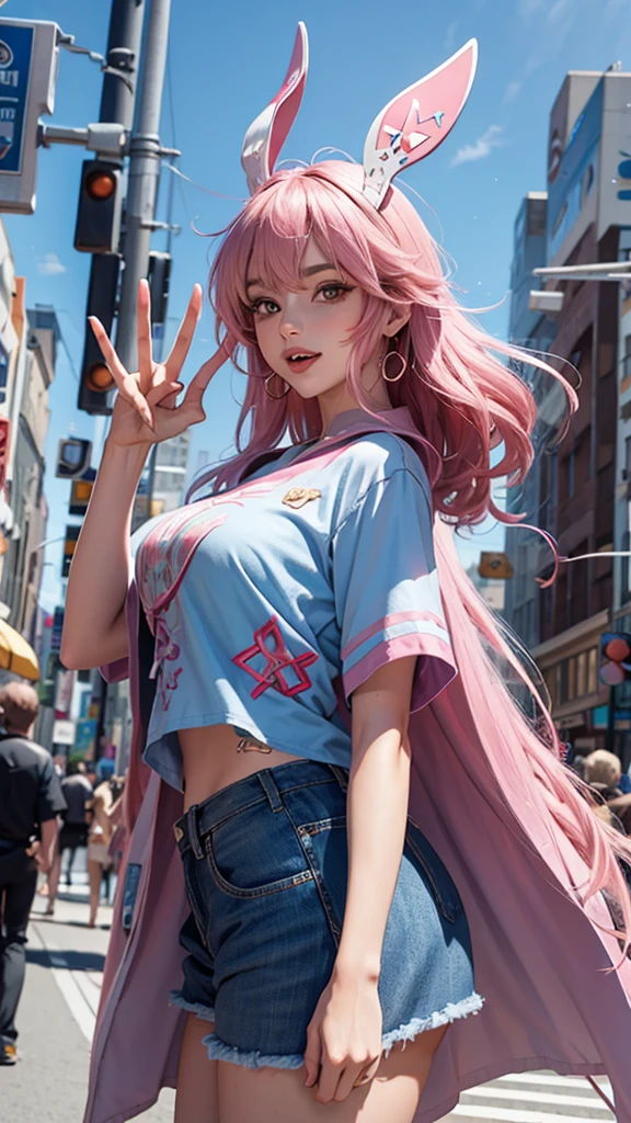 nicole demara, cowboy shot, tongue out, peace symbol, from side, city, anime source BREAK
