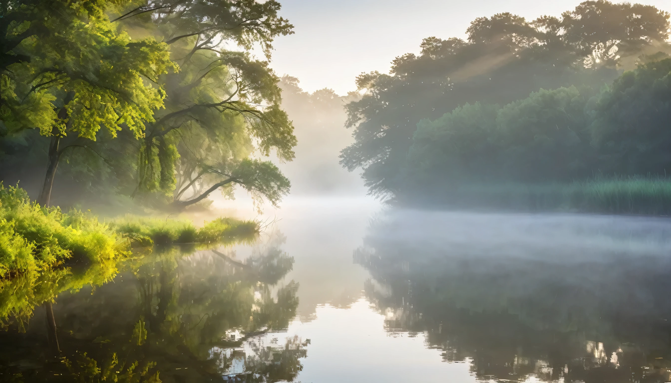 A calm, misty morning by a quiet river, with soft sunlight breaking through the fog. The reflection of the sky and trees on the water's surface creates a sense of harmony and tranquility. The scene is filled with the subtle whispers of serenity, inviting relaxation and peace.