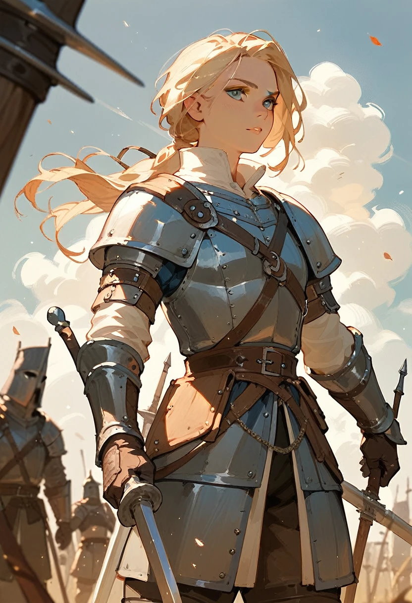 A warrior on the battlefield,Standing,Style: Medieval fantasy,illustration,flat