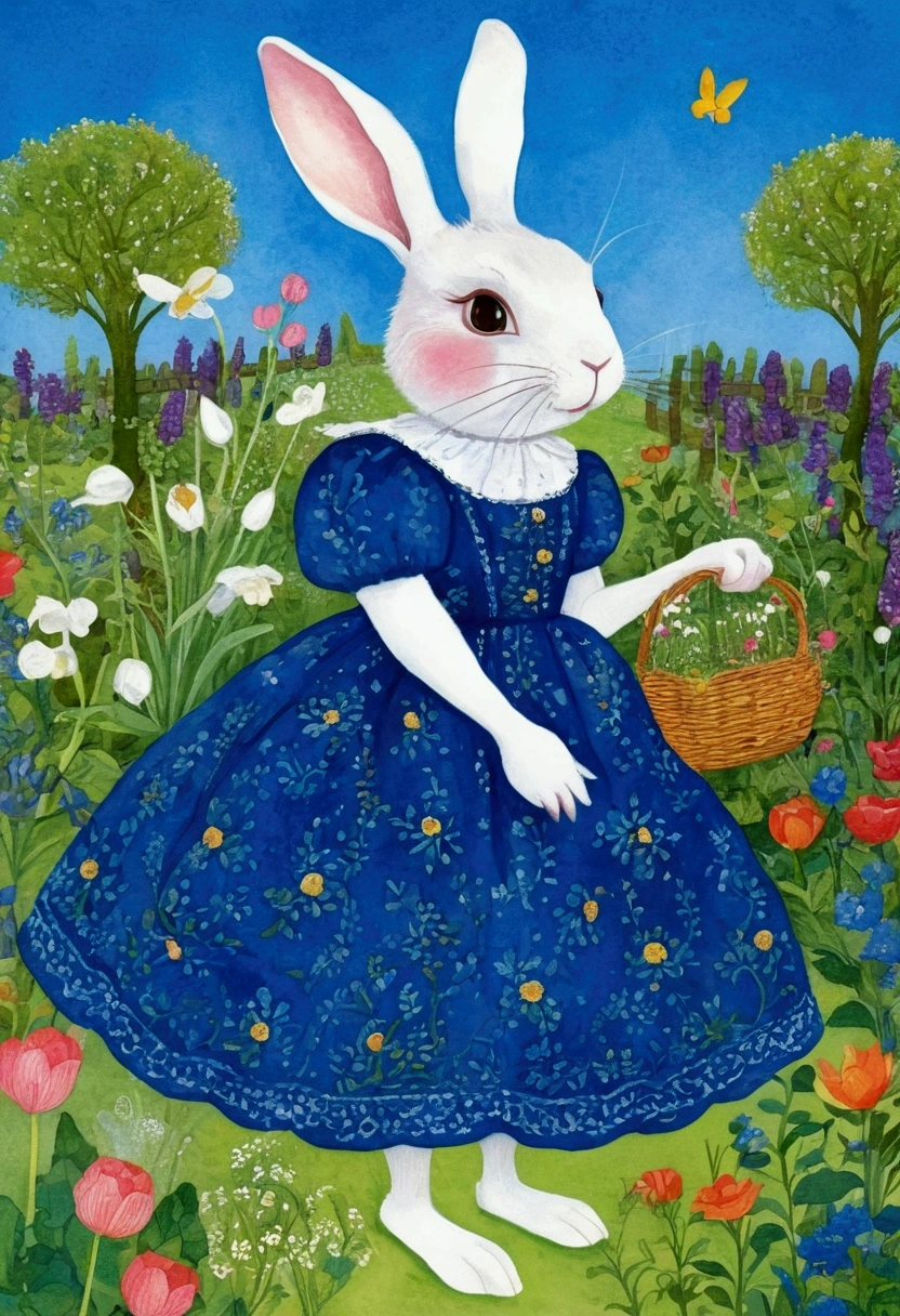 there is a White Rabbit wearing a blue dress , Storybook illustrations inspired by Nicholas Hilliard, cg Club Competition Winners, Childish Art, the White Rabbit, She is the center of the garden, Anthropomorphic Rabbit, White Rabbit, Full color illustrations, Anne Steger Gerard, Jane Newland, May Gibbs, Bunny Girl, Drawn in a whimsical style