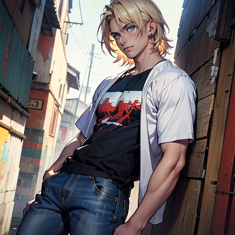 ((masterpiece)), (((best quality))), solo, 1 male, pale white skin, very light blonde hair, medium hair, bob hair style, straight hair, handsome young man, blue eyes, lean, tall, slender, t-shirt, jeans, simple earrings, highest quality, highly detailed, original, high resolution CG Unit 8k wallpaper, (best quality, artwork, masterpiece, 4k)