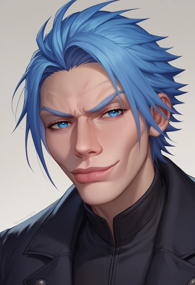 score_9, score_8_up, score_7_up, source_anime, SkylerWhiteYo, closed mouth, smile, dmc5vergil, black coat, blue hair, blue eyes