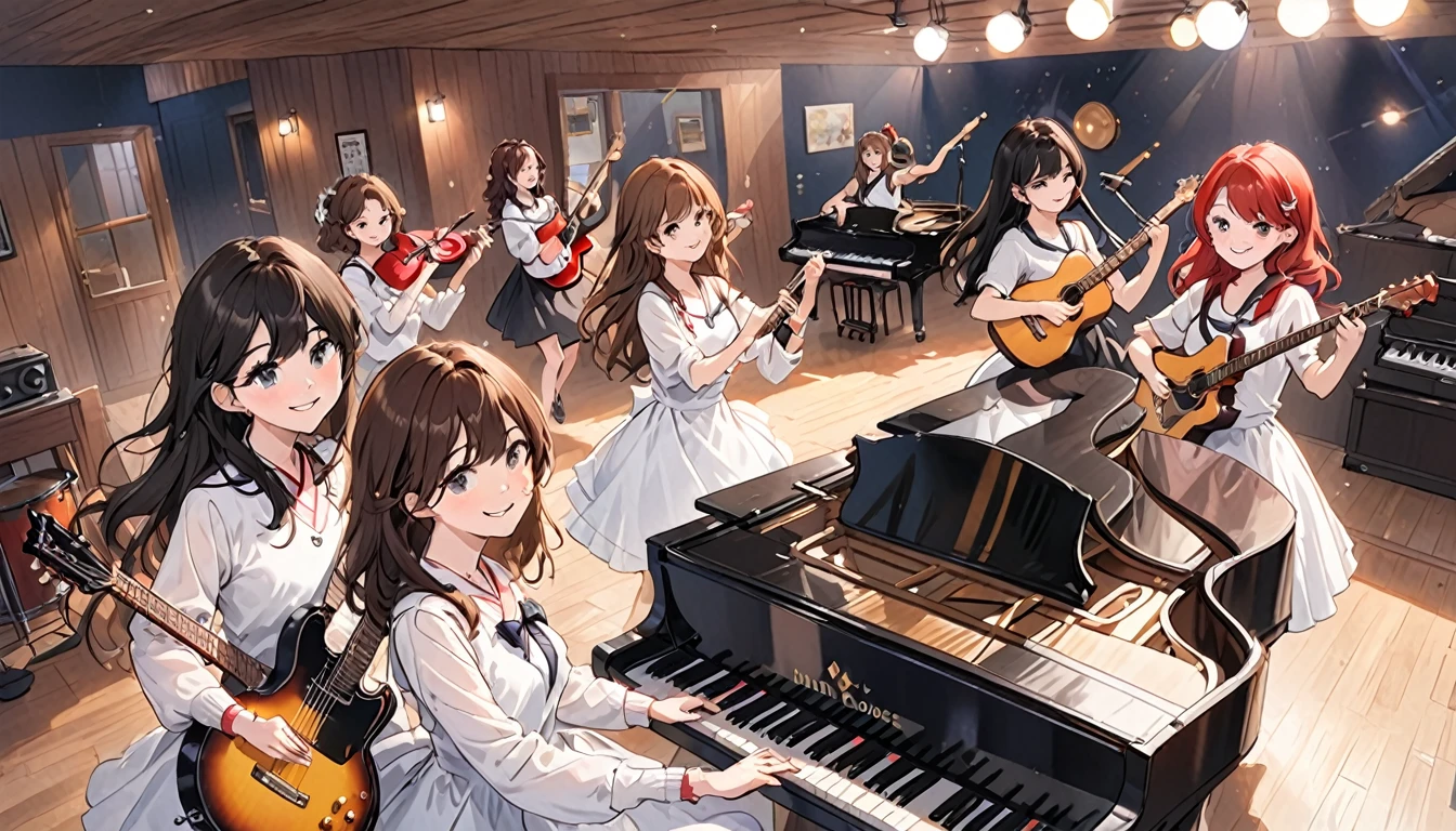 A few cute girls,Girl Band,guitar,piano,Horn Session,percussion,Dancing while playing ska with musical instruments,Brown Hair,Black Hair,smile,live house