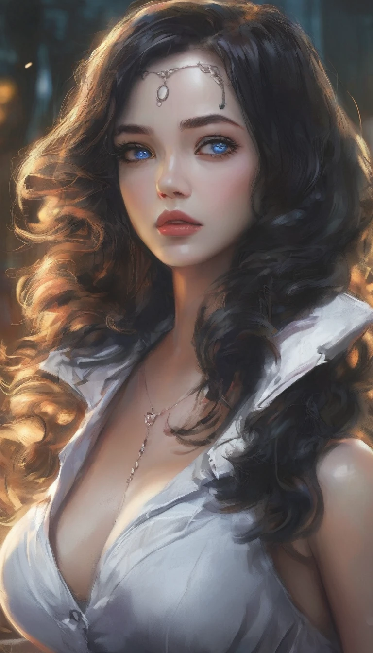 best quality,4k,8k,highres,masterpiece:1.2),ultra-detailed, extremely detailed eyes, extremely detailed body, (large masterpiece digital art), (detailed manga illustration), (detailed line art), ((perfect anatomy)), (intricate details:1.3), (ultra-detailed:1.3), (illustration:1.3), (sharp focus:1.3), (natural lighting:1.05), (vivid colors:1.3), (masterpiece), (best quality:1.4), (perfect anatomy:1.4), high quality, expressive eyes, full body, detailed face, beautiful face, perfect face, 1 girl, large breasts, black hair, curly hair, wild hair, detailed hair, white dress shirt, black pants, pale skin, sapphire-blue eyes, demon, blue halo, sheep horns, curled horns, (horizontal pupils), sexy face, pointy ears, splash art, the demon girl, curvy, sitting in an office chair at a desk with feet on desk, black high heels, cinematic lighting, dramatic atmosphere, Atey Ghailan, Jeremy Mann, Greg Manchess, Antonio Moro, trend in ArtStation, trend in CGSociety, Intricate, High Detail, Sharp focus, dramatic and photorealistic painting art by Midjourney and Greg Rutkowski, Jeff Bridges, ((cartoon style)), Marvel Cinematic Universe style
