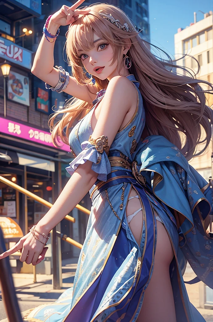 nicole demara, cowboy shot, tongue out, peace symbol, from side, city, anime source BREAK