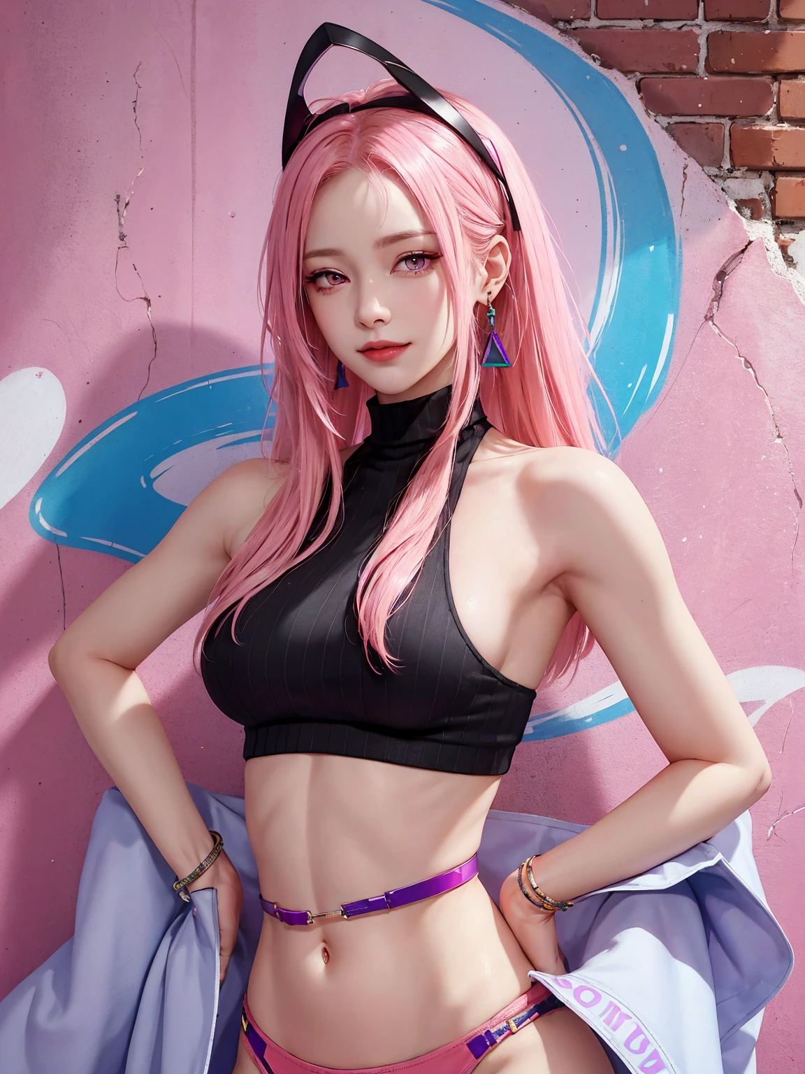 (Masterpiece, best quality, 1 girl, alone, complicated details, Chromatic aberration), realistic, ((Moderate breath)),long hair, pink hair, Red headpiece, Pink Highlights, hair on one eye,purple eyes, earring, sharp eyes, choker, Neon coat, She wears a collar, bangle, and kimono style garters., crop top, (symmetrical eyes),(Perfect symmetrical body),against the wall, Brick wall, (colorful graffiti words on the wall:1.2), The light is dim., alley ,Look at the viewer.、Dig the chest、smile、(sleeveless、Navel touch、Fitted turtleneck.)、street string hot pants、Thin bottom、Please build above the eaves..、Thin shoulders、
