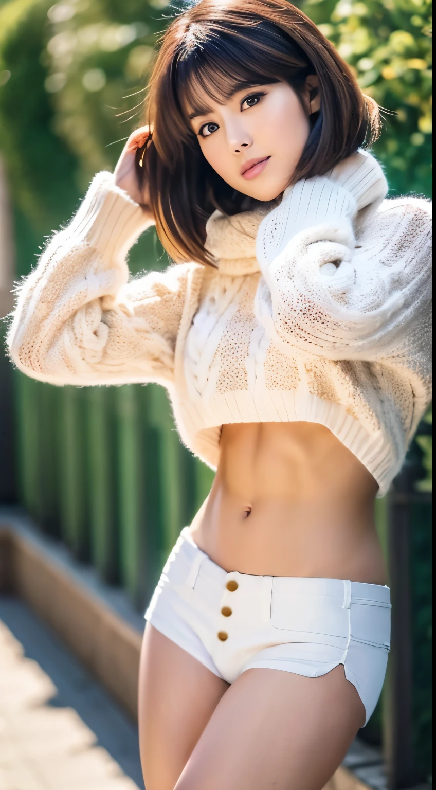 best quality, 8K, 32K, masterpiece, Ultra HD: 1.3), Attractive Japanese women pictures, A girl, (Large target: 1.0), Abdominal muscles, Perfect body, (Oversized waist sweater : 1.1), (boots:1.1), Ultra-detailed face, Delicate lips, Beautiful eyes, Double eyelids,short hair,Messy hair,