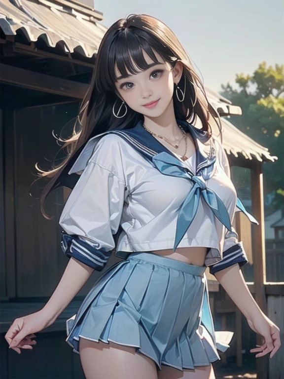 ((((Highest quality))))、(((Ultra-precision CG16K wallpaper)))、(((masterpiece)))、(((Very detailed)))、(((Extreme detail)))、((１Mature 24 year old woman:1.6))、((Very beautiful Japanese、Shiraishi Ai:1.3))、((Straight semi-long hair、Blunt bangs:1.5))、(Shiny brown hair)、Beautiful and delicate eyes、Brown eyes、High nose、Small nostrils、Small Mouth、Seductive lips、Beautiful breasts、((C cup size breasts))、Cleavage、Plump body、Perfect proportions、Perfect Anatomy、Perfect composition、Beautiful subtle shadows、美しいNatural light、Beautiful details sparkle、Written boundary depth、(((High chroma)))、(((Genuine:1.9)))、((Vivid:1.5))、((Beautiful Skin))、((Skin Texture))、((Genuineな皮膚感))、(((Cowboy Shot:1.6)))、((Front view、Front Low Angle:1.5))、((A shy smile:1.5))、(Women are oriented in this direction:1.5)、Bright sunlight、Natural light、(((Outdoor park:1.5)))、(Standing pose:1.5)、(((White person wearing sailor suit、light blue pleated miniskirt clothes:1.6)))、((Earrings、Wearing a necklace:1.3))、