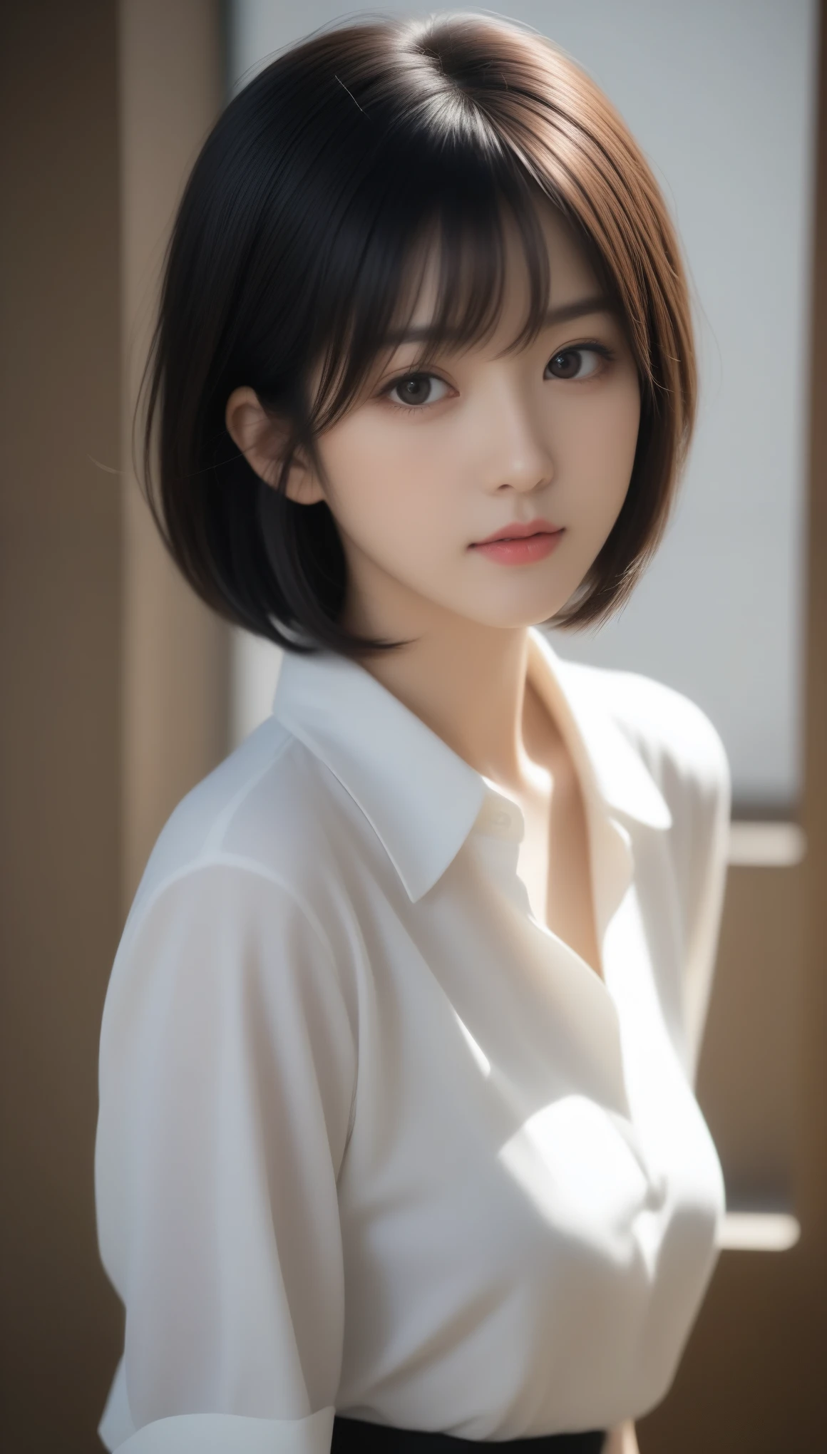 8K,Highest quality,(masterpiece:1.2),(Realistic),(Realistic:1.37),Ultra-high resolution,One Woman,smile,((Big Breasts)),Beautiful Eyes,(((White shirt))),Perfect body,Perfect Fingers,Professional Lighting,gravure,Detailed face and skin texture,fine grain,RAW Photos