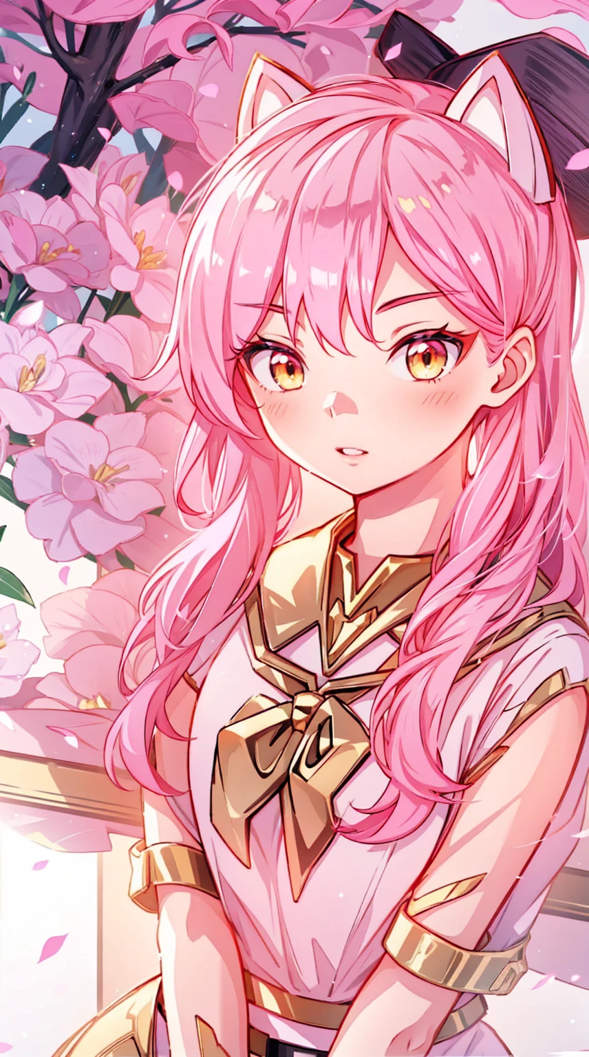 An anime girl with cat ears. Fake cat ears, and the cat ears are gold-rimmed on the head, long pink hair, very long hair, bright pink hair, white miniskirt with gold belt, She wears white gloves on her hands, pinker BH pinker Tanger, around the neck a golden collar, View to the viewer, 
sexly,, cute face",, orange eyes, with a blow no spikenard in the face ,,