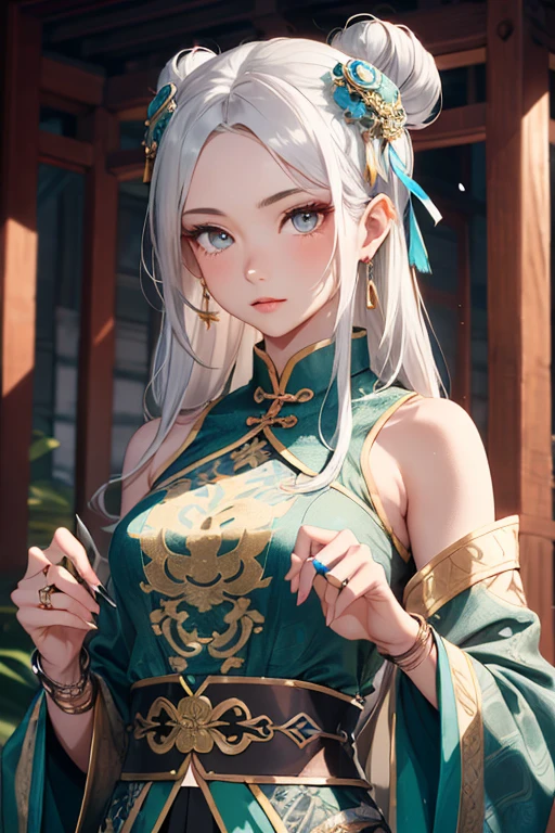 Female, Chinese ancient mythology, Asian costumes. Youthful appearance, fair skin, ((delicate face, sharp and cold eyes)). Long black or silver hair, usually loose or in a high bun, decorated with jade hairpins. Wears blue holy land attire with intricate patterns, exuding elegance and nobility. (Wears an ancient ring symbolizing power.)