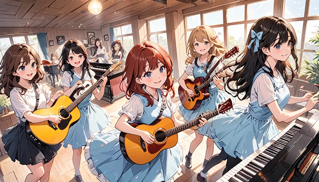 A few cute girls,Girl Band,guitar,piano,Horn Session,percussion,Dancing while playing ska with musical instruments,Brown Hair,Black Hair,smile,live house