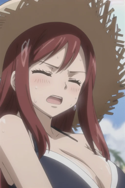 1girl, solo, Erza Scarlet, Fairy Tail, red hair, long hair, sidelocks, big breasts, cleavage, (black swimsuit), (wide-brim straw hat), aroused facial expression, closed eyes, open mouth, blush, sweat, hot, (close-up), sunny weather, beach
