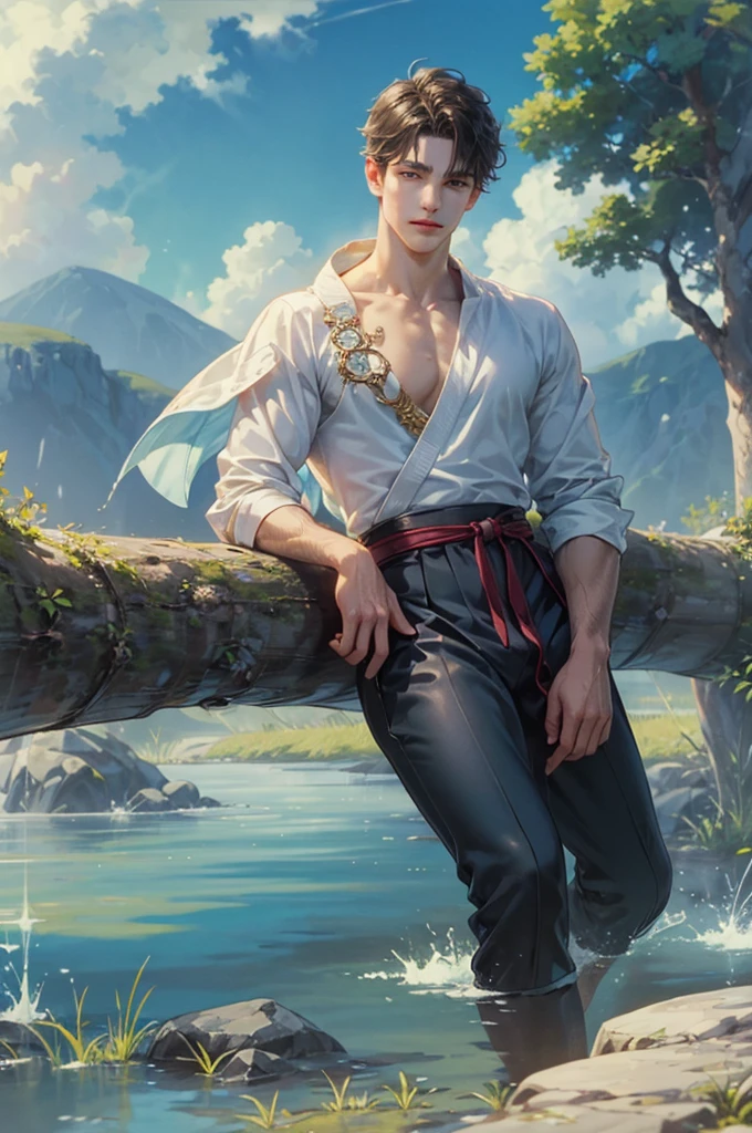((Best quality)), ((masterpiece)), (detailed), ((perfect face)), ((halfbody)) handsome face, male, teen boy, perfect proportions , a male version of the character from ah my goddess anime in a colorful outfit, detailed scenery background