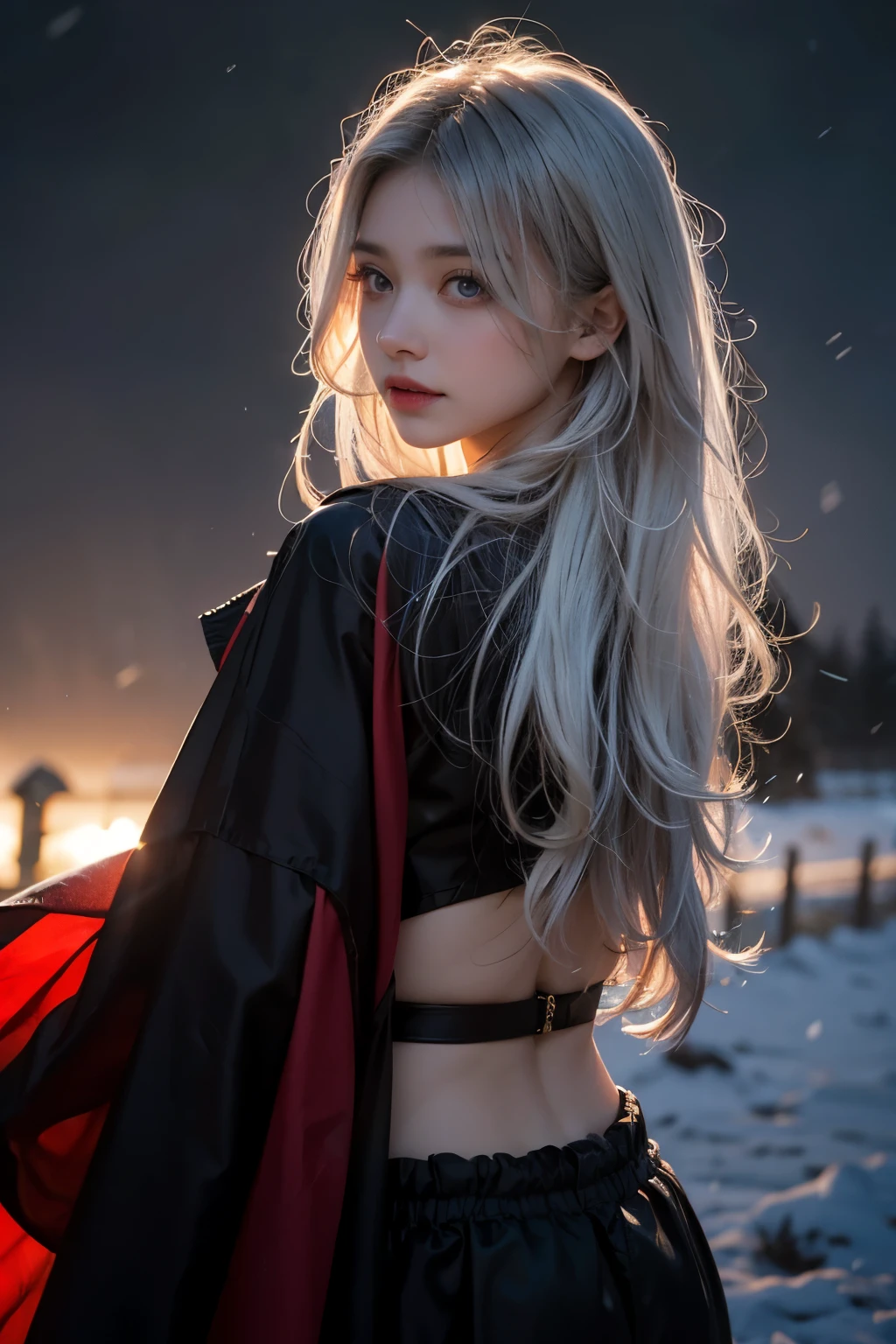 1girl,solo,1girl,solo,((beautiful detailed eyes)), (detailed light),depth of field,(white hair),silver eyes,hair over one eye,(red flower ), hair flower,long hair,black cloak,Wet,emotionless,looking back,night,starfall,raining,fog,red flowers falling,sketch,upper body,intense shadows,Beautiful nipples,Are thin,Snow flurries danced sparsely in the sky.,