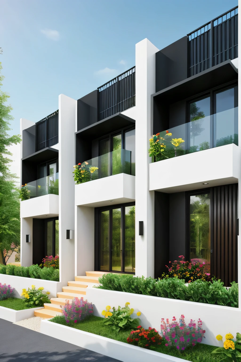 Professional 3d architecture rendering design of modern and minimal and parametric apartments facade with wood and black stone and green space and flowers between windows