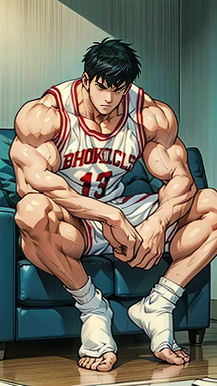 Wearing basketball uniform,Sitting on the pure white sofa,Lean back on the backrest,,sleep,Wearing white socks,Broad shoulders ,Very strong, muscular,Men, Muscle Man,Clean face,full-body shot,Shoes, clothes and towels piled up at my feet,Wearing white flip-flops with toe guards