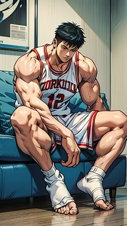Wearing basketball uniform,Sitting on the pure white sofa,Lean back on the backrest,,sleep,Wearing white socks,Broad shoulders ,Very strong, muscular,Men, Muscle Man,Clean face,full-body shot,Shoes, clothes and towels piled up at my feet,Wearing white flip-flops with toe guards