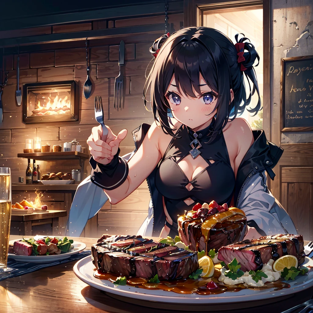 {{{Masterpiece, highest quality, high resolution background}}}, bright and beautiful atmosphere, 1 girl (2 , 1 short-tempered round face), 1  (hair, surface effects), small breasts, summer clothes, A girl pointing a fork with a steak at the camera, an iron plate on a desk, a cut steak on the iron plate, fashionable clothes, slightly leaning forward from the chair, "deltamon_sdXL :0.73) >Deltamon"