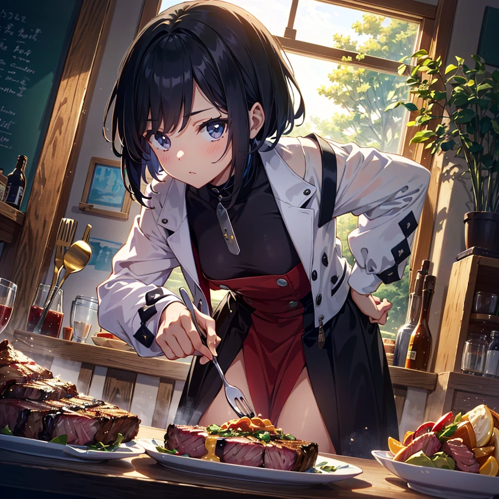 {{{Masterpiece, highest quality, high resolution background}}}, bright and beautiful atmosphere, 1 girl (2 years old, 1 short-tempered round face), 1 (hair, surface effects), small breasts, summer clothes, A girl pointing a fork with a steak at the camera, an iron plate on a desk, a cut steak on the iron plate, fashionable clothes, slightly leaning forward from the chair, "deltamon_sdXL :0.73) >Deltamon"
