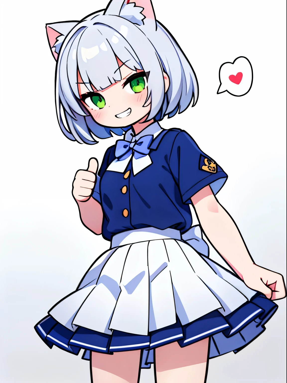 ((One girl)), (evil grin:1.3), (Thumbs up:1.3), Medium chest, (Cat ear), White skin, Gray Hair, Bobcut, Green Eyes, {(JK Uniform), (White short sleeve shirt), (Navy blue pleated skirt), (A bow tie)}, (Heart speech bubble), Side upper body shot, ((Highest quality)), ((masterpiece)), (detailed), Perfect Face, Perfect Arms, Perfect hands, Perfect Fingers, anime, Ultra-fine illustration,