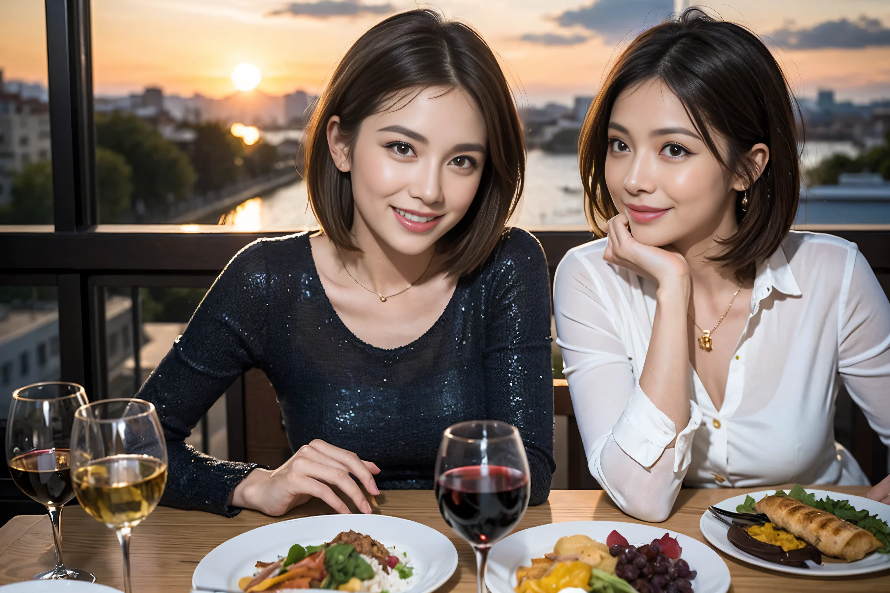 (Realistic:1.1),(masterpiece,Highest quality),8k,(49 years old), 47 years old, slimカップル、Model Couple、actress/actor、Tight waist,Upper Body,full-course dinner、wine 、Amazing view of the sunset sky and clouds、Perfect Anatomy, Brown Hair, short hair,Random Hairstyles,((Highly detailed face and eyes:1.2)),Perfect golden ratio face,Long sleeve shirt、dress,(smile:1.2)、Shortcuts、cute、(Realistic, Intricate details:1.2), A bright smile、short hair,Bright Face、赤wine 、Appetizers、Italian food、wine bottle、Champagne、スパークリングwine、(slimな顔), (The body is slim), (Brown Hair), (Shortcuts), Upper Body, 白wine, slim, wineグラス,