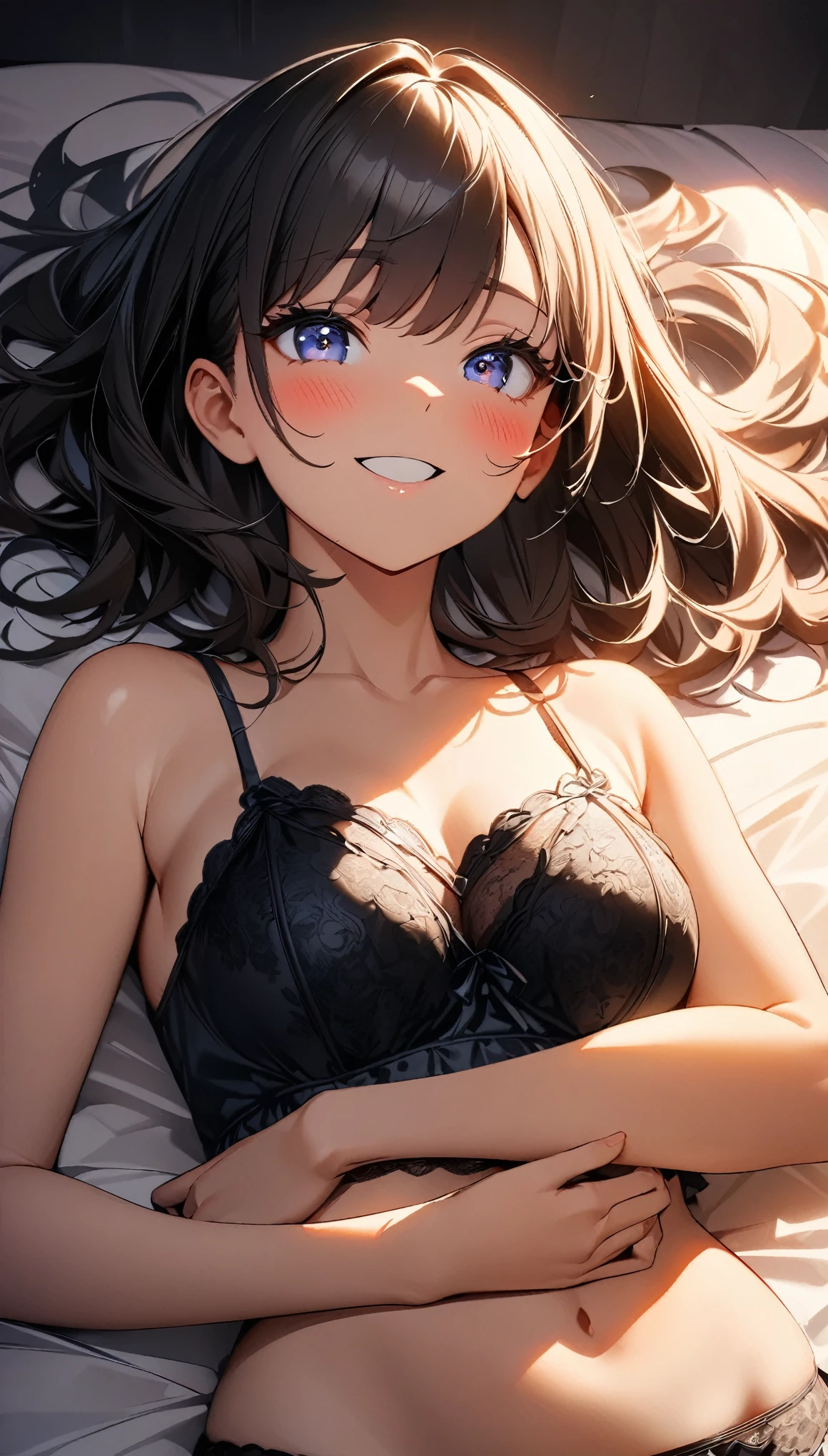 (Highest quality:1.2, Very detailed, up to date, Vibrant, 超High resolution, High Contrast, masterpiece:1.2, Highest quality, Best aesthetics), (((1 girl))), A carefully painted bedroom, lingerie, Professionalism, Bright colors, Soft lighting, Expressive eyes, Detailed lips, Long eyelashes, Pleasant atmosphere, incite inferiority, Obscene eyes, Lewd smile, Open your mouth, blush, Fatty face:1.4, ((camisole, 黒シースルーlingerie, Lying on your back in bed:1.2)), Positive Energy, Calm background, A nurturing presence, High resolution, Correct perspective, (Soft focus throughout).