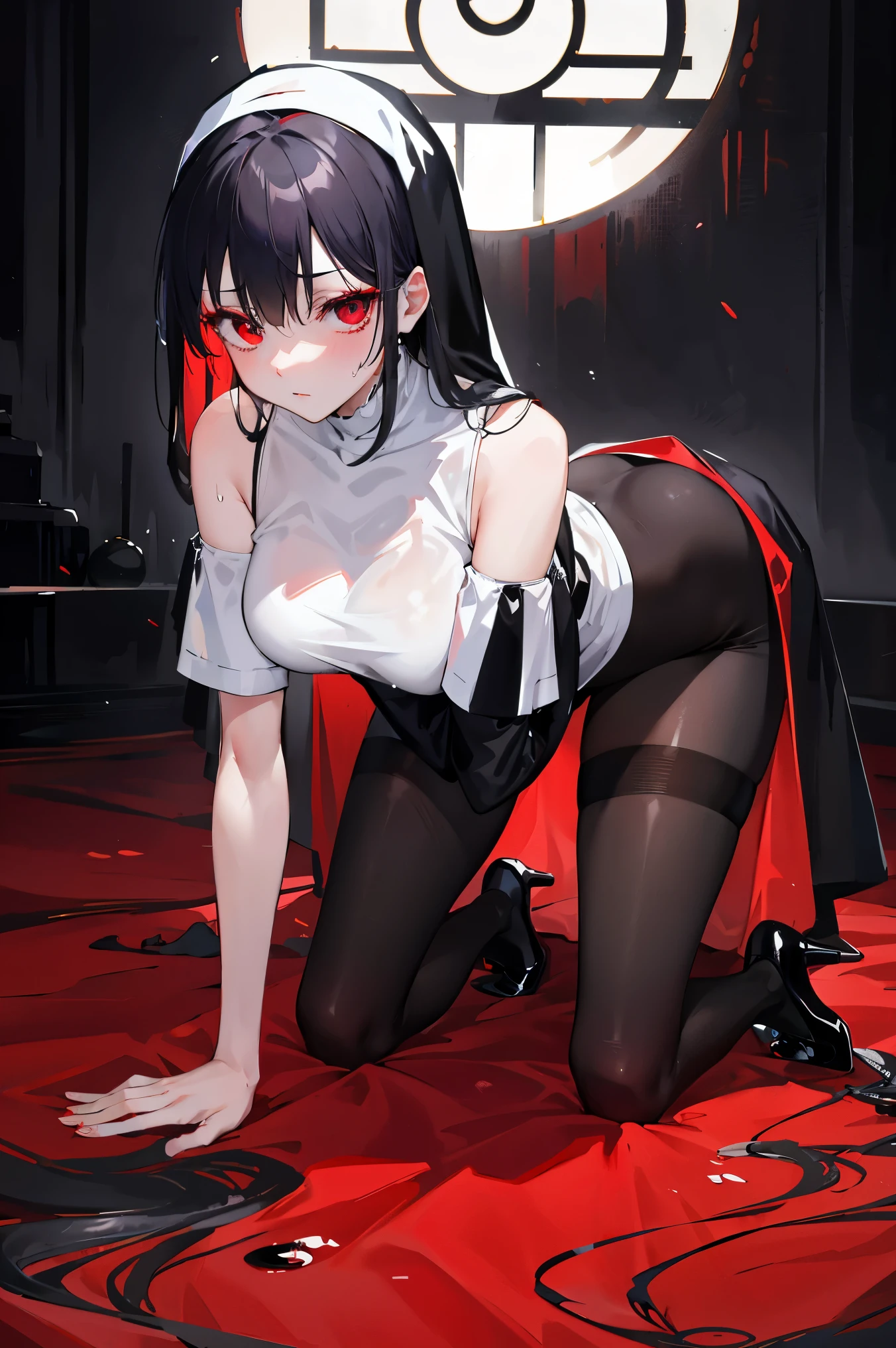 underdressing，High heel，Expression of disgust，Red Eyes，Sweat，Soaked，liquid，transparent，Cropped tops，nun，stocking，Black pantyhose，Crawling on all fours