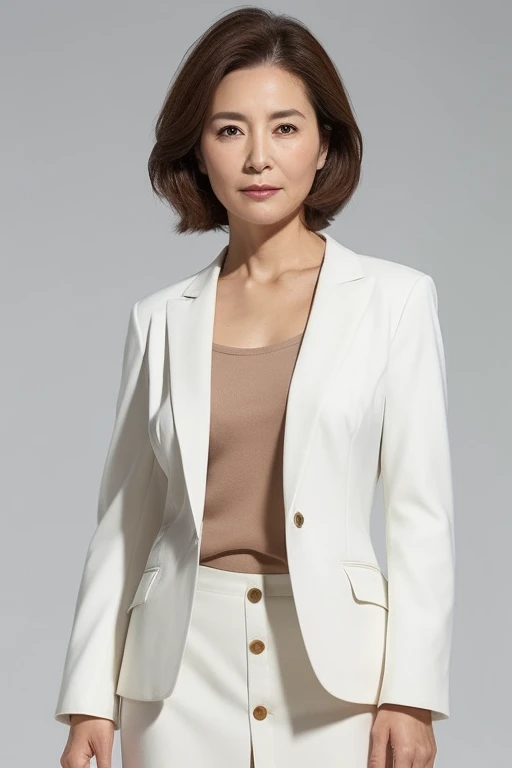 High resolution, High-level image quality, High definition, masterpiece, Rough skin, Anatomically correct, sharp,
Gray background,
((Japanese Mature, 90 years old)), One person, ((Facial wrinkles, Long, straight, light brown hair that reaches the shoulders)), Shapely big breasts, Chubby body type, Mouth closed and serious face,
(((Standing upright and looking at the viewer))),
(A white shirt with a button-up collar that can be seen through a white summer blazer, knee-length white skirt),
Beautiful shins, ((Cowboy Shot))