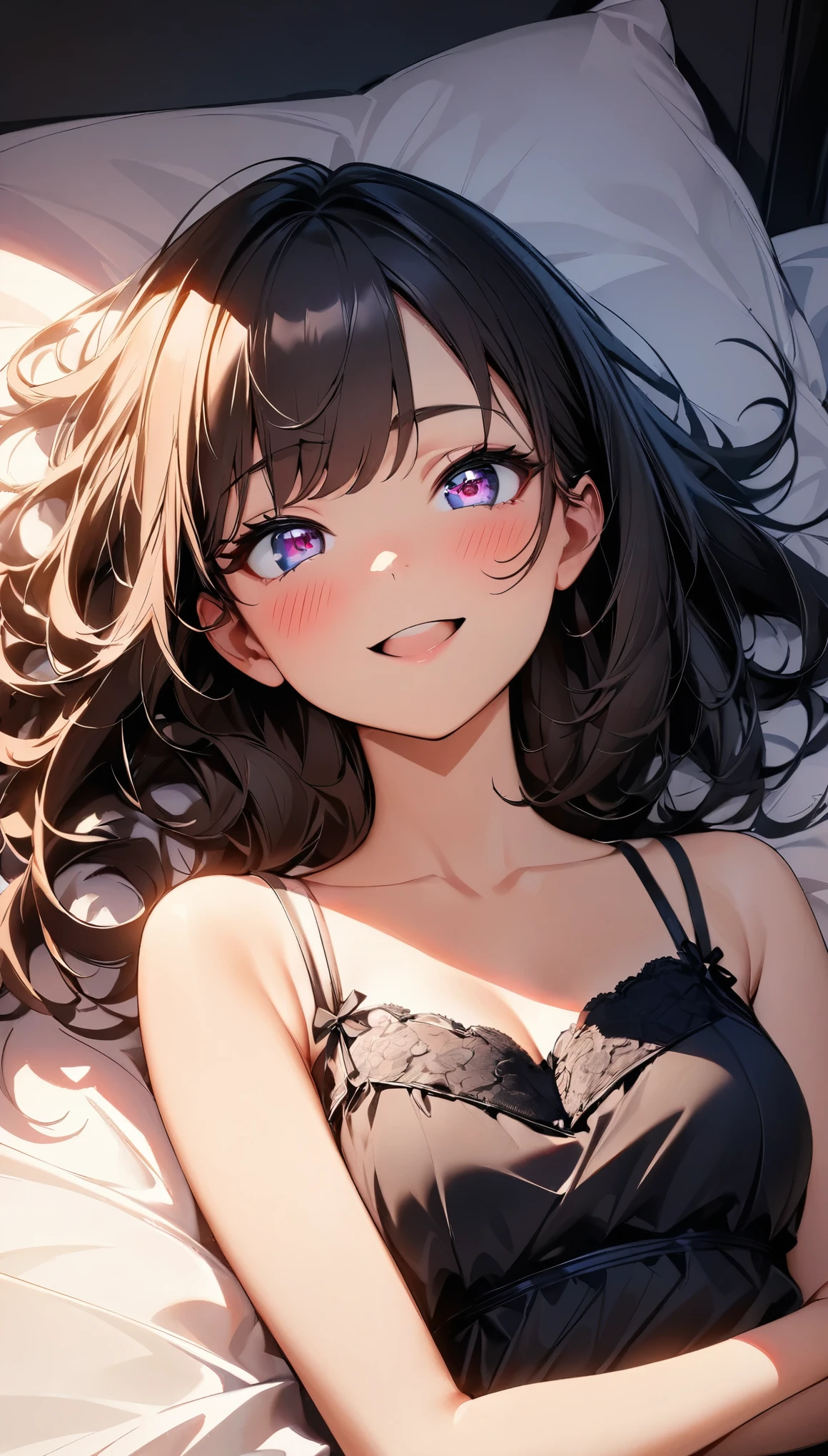(Highest quality:1.2, Very detailed, up to date, Vibrant, 超High resolution, High Contrast, masterpiece:1.2, Highest quality, Best aesthetics), (((1 girl))), A carefully painted bedroom, lingerie, Professionalism, Bright colors, Soft lighting, Expressive eyes, Detailed lips, Long eyelashes, Pleasant atmosphere, incite inferiority, Obscene eyes, Lewd smile, Open your mouth, blush, Fatty face:1.4, ((camisole, 黒シースルーlingerie, Lying on your back in bed:1.2)), Positive Energy, Calm background, A nurturing presence, High resolution, Correct perspective, (Soft focus throughout).
