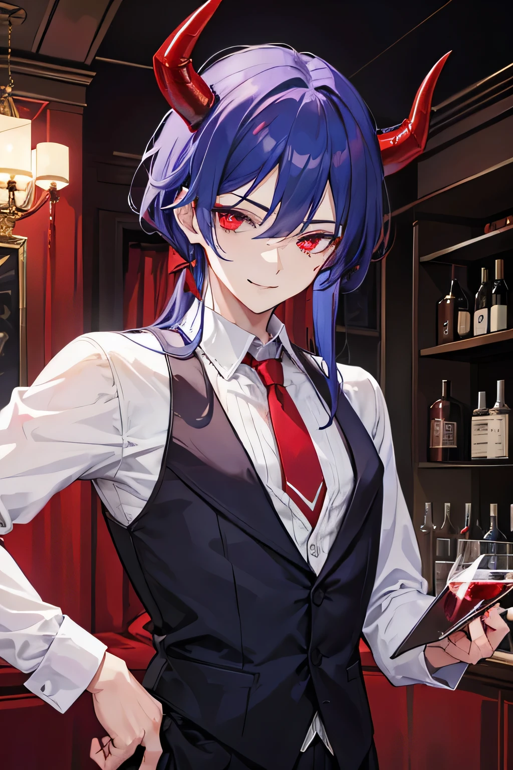 A handsome man, demon, butler, smiling, red crimson eyes color, dark blue hair color, demon horns, demon tails, demon wing, a lot of blood going around the place, 27-year-old, laughing, wine, bartender.