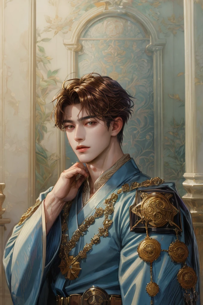 (absurdres, highres, ultra detailed, HDR), masterpiece, intricate, best quality, portrait of a handsome hero from tales of the rays, short hair, korean face, anime eyes, Acolyte outfit detailed interiors victorian style, detailed character