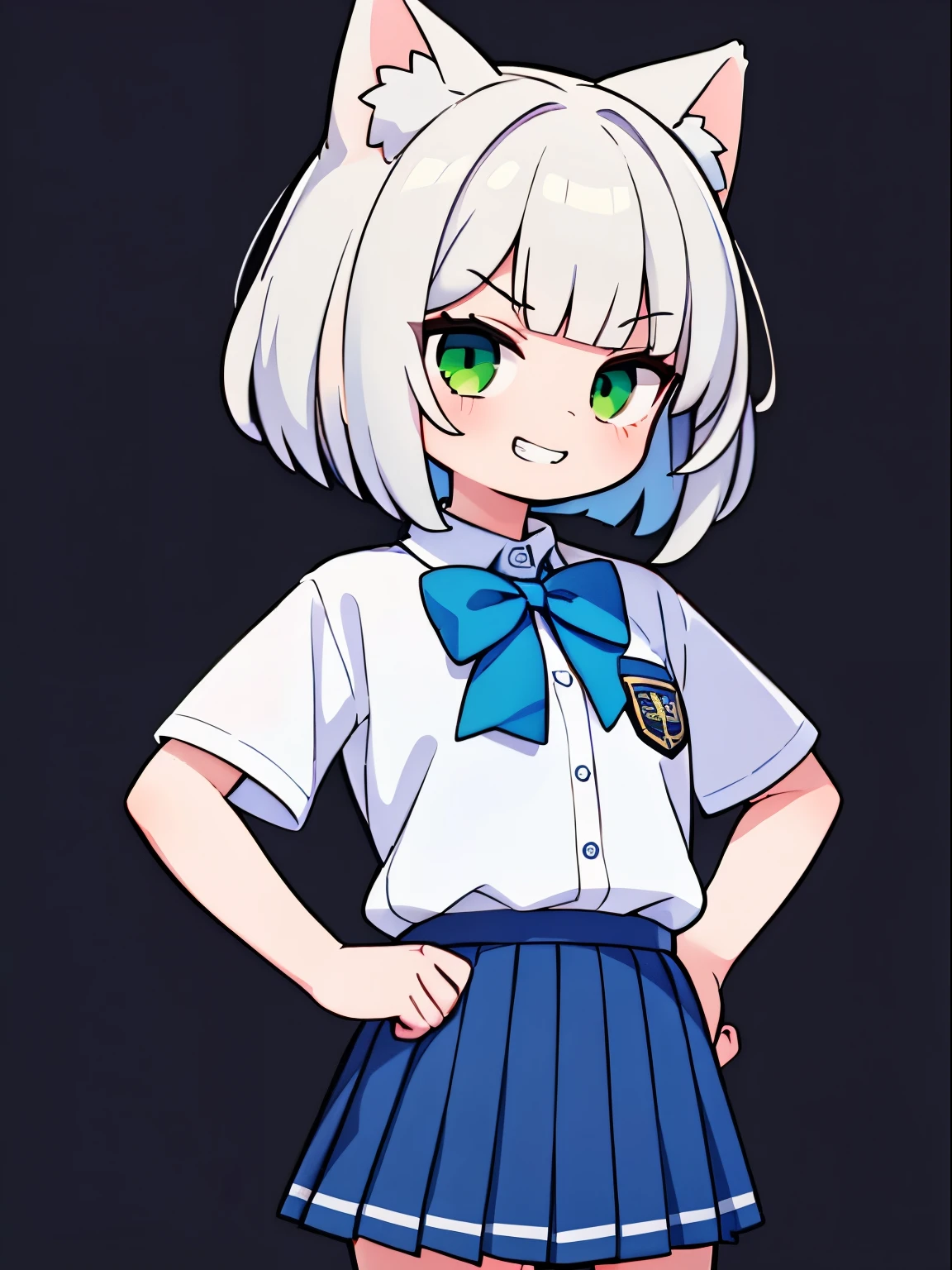 ((One girl)), (evil grin:1.3), (Pointing:1.3), (Place one hand on hip), Medium chest, (Cat ear), White skin, Gray Hair, Bobcut, Green Eyes, {(JK Uniform), (White short sleeve shirt), (Navy blue pleated skirt), (A bow tie)}, No background, Shooting from the side, (Upper Body Shot), ((Highest quality)), ((masterpiece)), (detailed), Perfect Face, Perfect Arms, Perfect hands, Perfect Fingers, anime, Ultra-fine illustration,