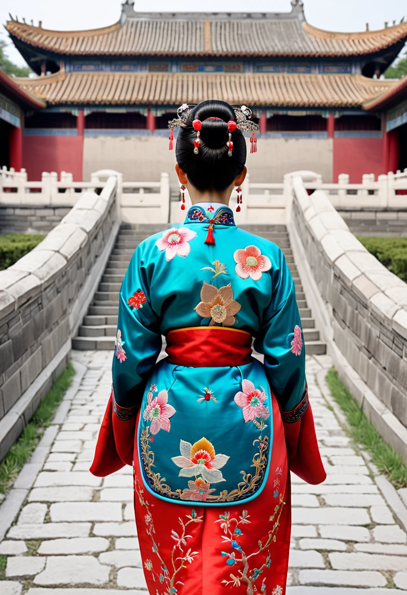Photo from behind On the cobblestones outside the Qing Dynasty Palace、Empress Qing Dynasty、She is wearing a Manchu outfit embroidered with a colorful floral pattern and red. Her hair is tied up and pulled up. Her waistband is down, exposing her big ass and her pussy is visible.
