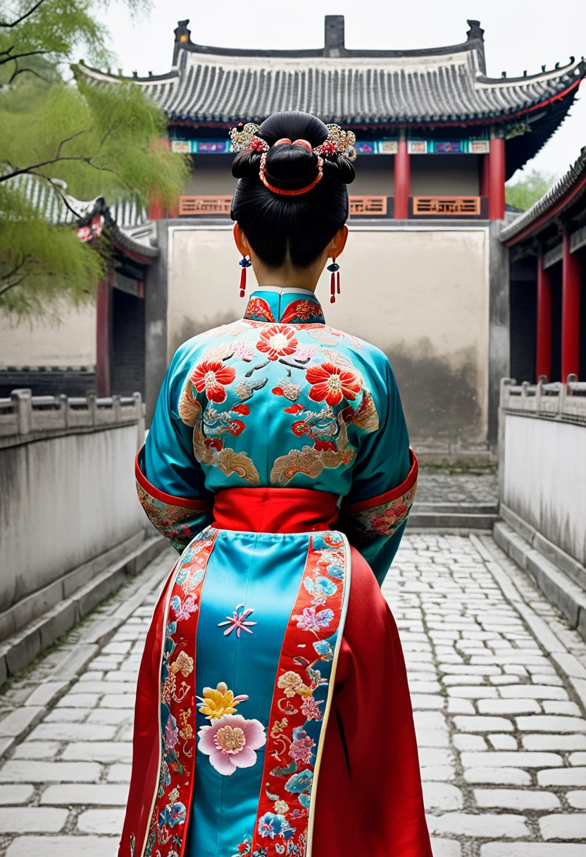 Photo from behind On the cobblestones outside the Qing Dynasty Palace、Empress Qing Dynasty、She is wearing a Manchu outfit embroidered with a colorful floral pattern and red. Her hair is tied up and pulled up.　Her waistband is down, exposing her big ass and her pussy is visible.