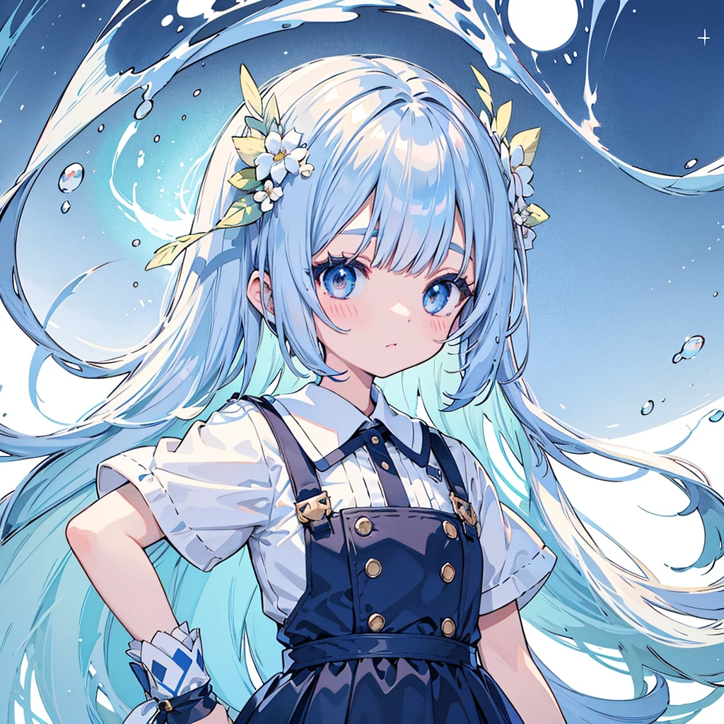 vtuber half body、Bangs shorter than eyebrows、Highest quality、Best illustrations、Very detailed、Upper Body、alone、1 girl、Looking into the camera、upright、Place your arms at your sides、Beautiful attention to detail、Concept Art、from the front、White Background、Simple Background、Droopy and large eyes、Very detailedな眼、Sparkling, shining, white and blue gradient long hair、Short sleeve、water colored pencils、Kind Face、blush、Virtual YouTuber、