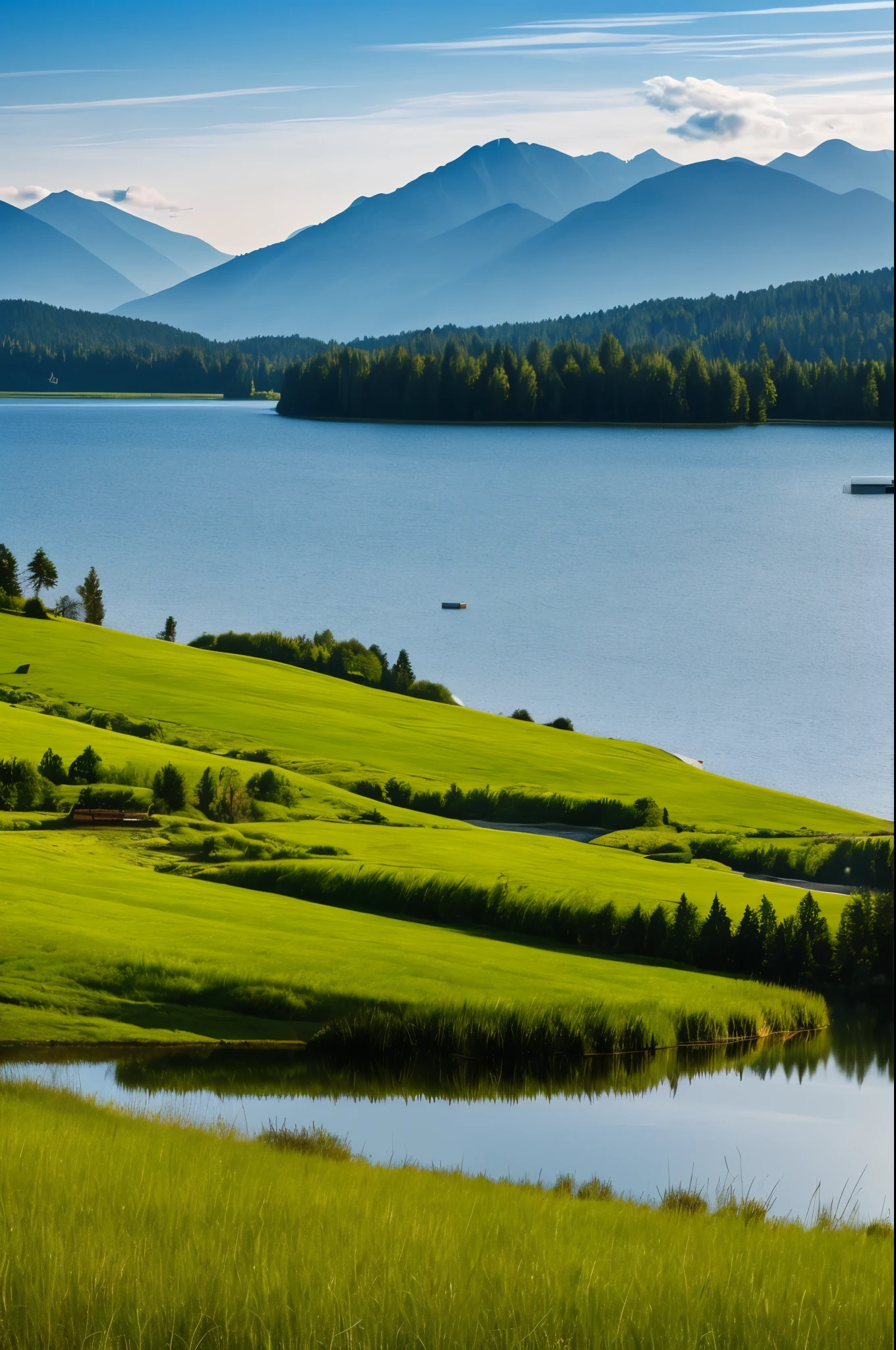 mountains are in the distance behind a lake with water and grass, a picture by Armin Baumgarten, flickr, visual art, by rainer hosch, stunning nature in background, very close to real nature, setting in nature, stunning scenery, incredibly beautiful, early morning light, beautiful setting, beautiful scenery, lakeside mountains, postprocessed), beautiful! coherent!