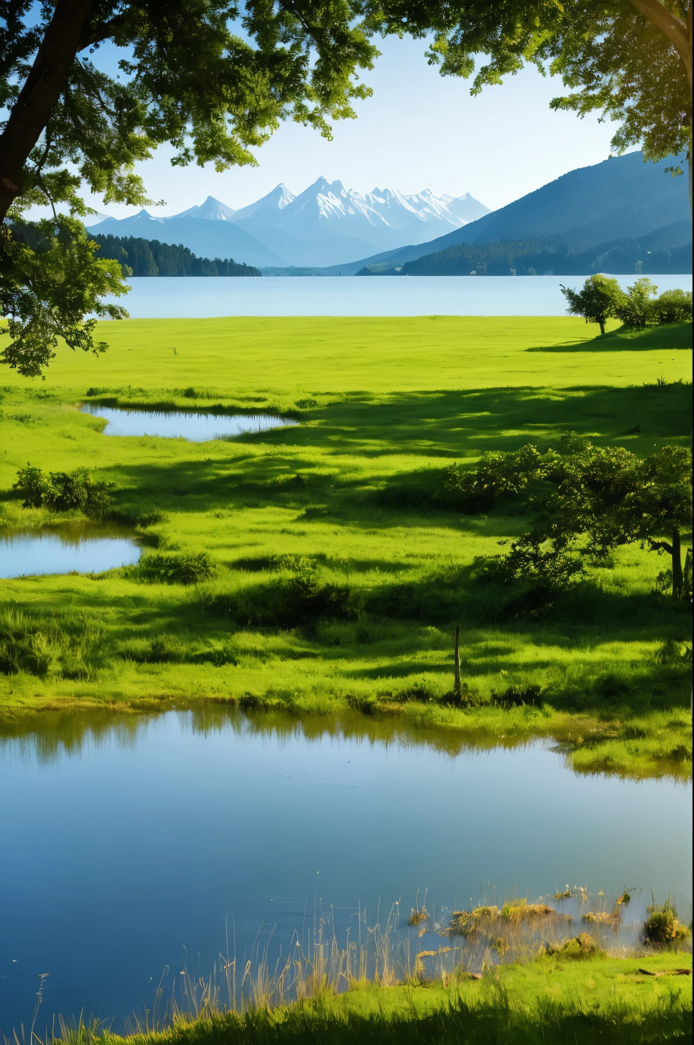 mountains are in the distance behind a lake with water and grass, a picture by Armin Baumgarten, flickr, visual art, by rainer hosch, stunning nature in background, very close to real nature, setting in nature, stunning scenery, incredibly beautiful, early morning light, beautiful setting, beautiful scenery, lakeside mountains, postprocessed), beautiful! coherent!