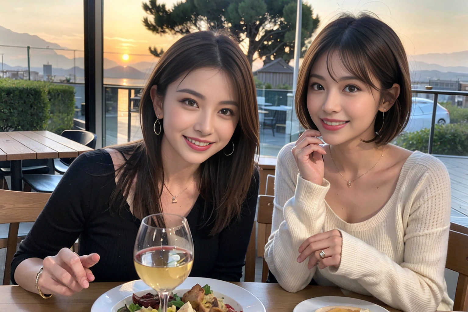 (Realistic:1.1),(masterpiece,Highest quality),8k,(49 years old), 47 years old, slimカップル、Model Couple、actress/actor、Tight waist,Upper Body,full-course dinner、wine 、Amazing view of the sunset sky and clouds、Perfect Anatomy, Brown Hair, short hair,Random Hairstyles,((Highly detailed face and eyes:1.2)),Perfect golden ratio face,Long sleeve shirt、dress,(smile:1.2)、Shortcuts、cute、(Realistic, Intricate details:1.2), A bright smile、short hair,Bright Face、赤wine 、Appetizers、Italian food、wine bottle、Champagne、スパークリングwine、(slimな顔), (The body is slim), (Brown Hair), (Shortcuts), Upper Body, 白wine, slim, wineグラス,