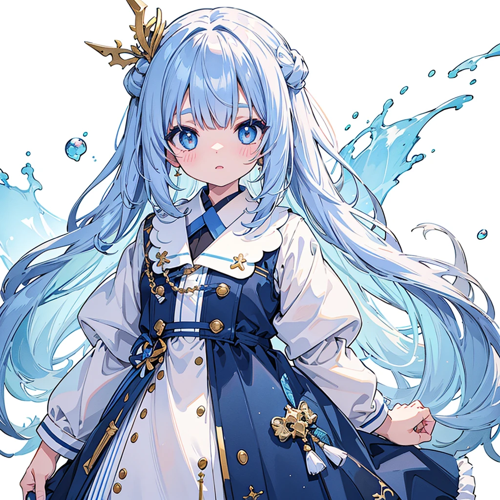 vtuber half body、Bangs shorter than eyebrows、Highest quality、Best illustrations、Very detailed、Upper Body、alone、1 girl、Looking into the camera、upright、Place your arms at your sides、Beautiful attention to detail、Concept Art、from the front、White Background、Simple Background、Droopy and large eyes、Very detailedな眼、Sparkling, shining, white and blue gradient long hair、Short sleeve、water colored pencils、Kind Face、blush、Virtual YouTuber、