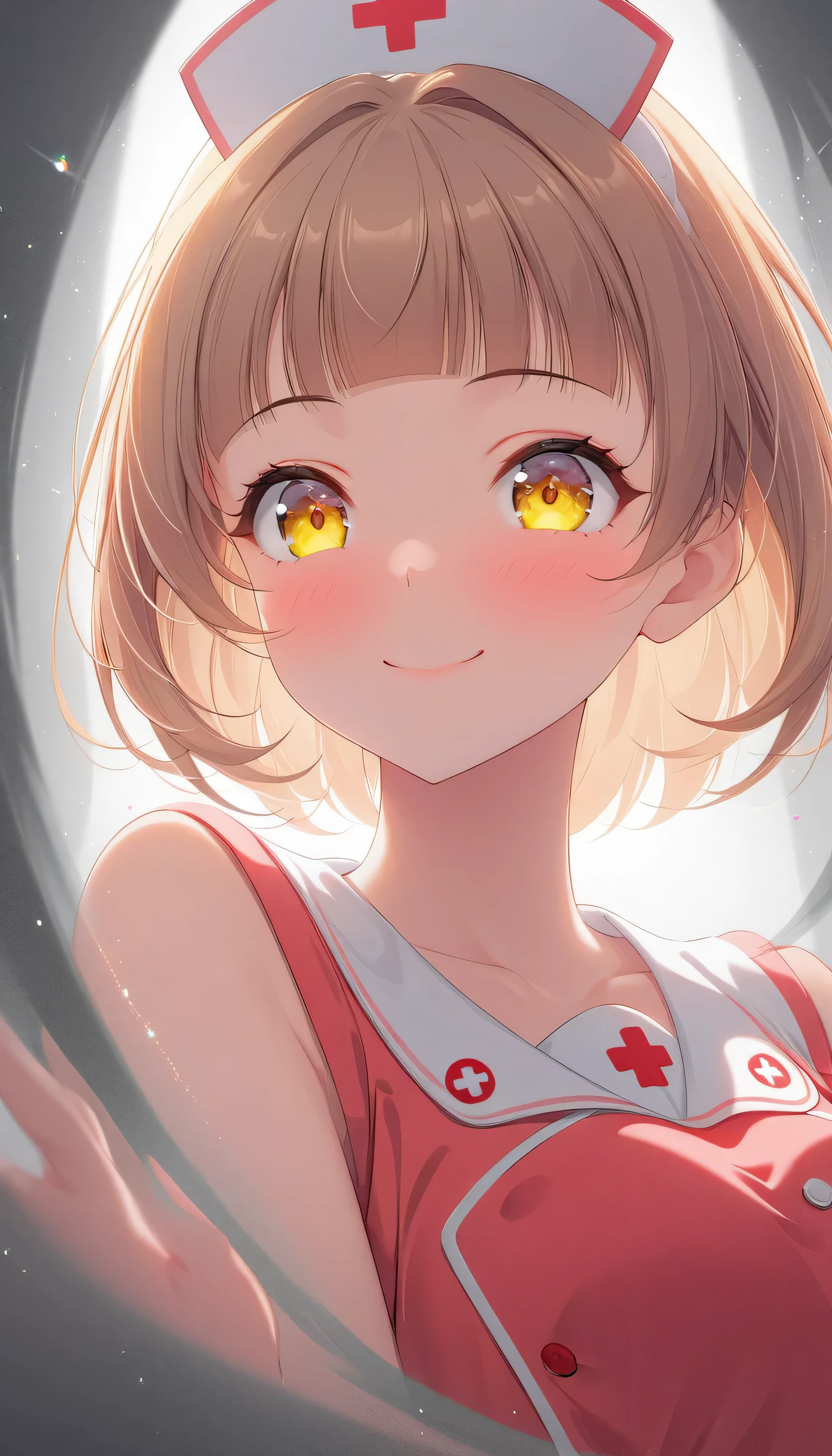 From below, Portraiture, Kind and beautiful nurse, Cool face, A shy smile, Superb proportions, She is wearing a loose cardigan over her nurse uniform., Glitter effect, fog effect、(score_9,score_8_upper,score_7_upper,),Tolerate,Blunt bangs,Red dress,bionde,short hair,barefoot,Yellow Eyes,Shorts,No sleeve,take_photograph,((best quality)), (ultra-detailed), ((extremely detailed)), (beautiful), ((kawaii girl))