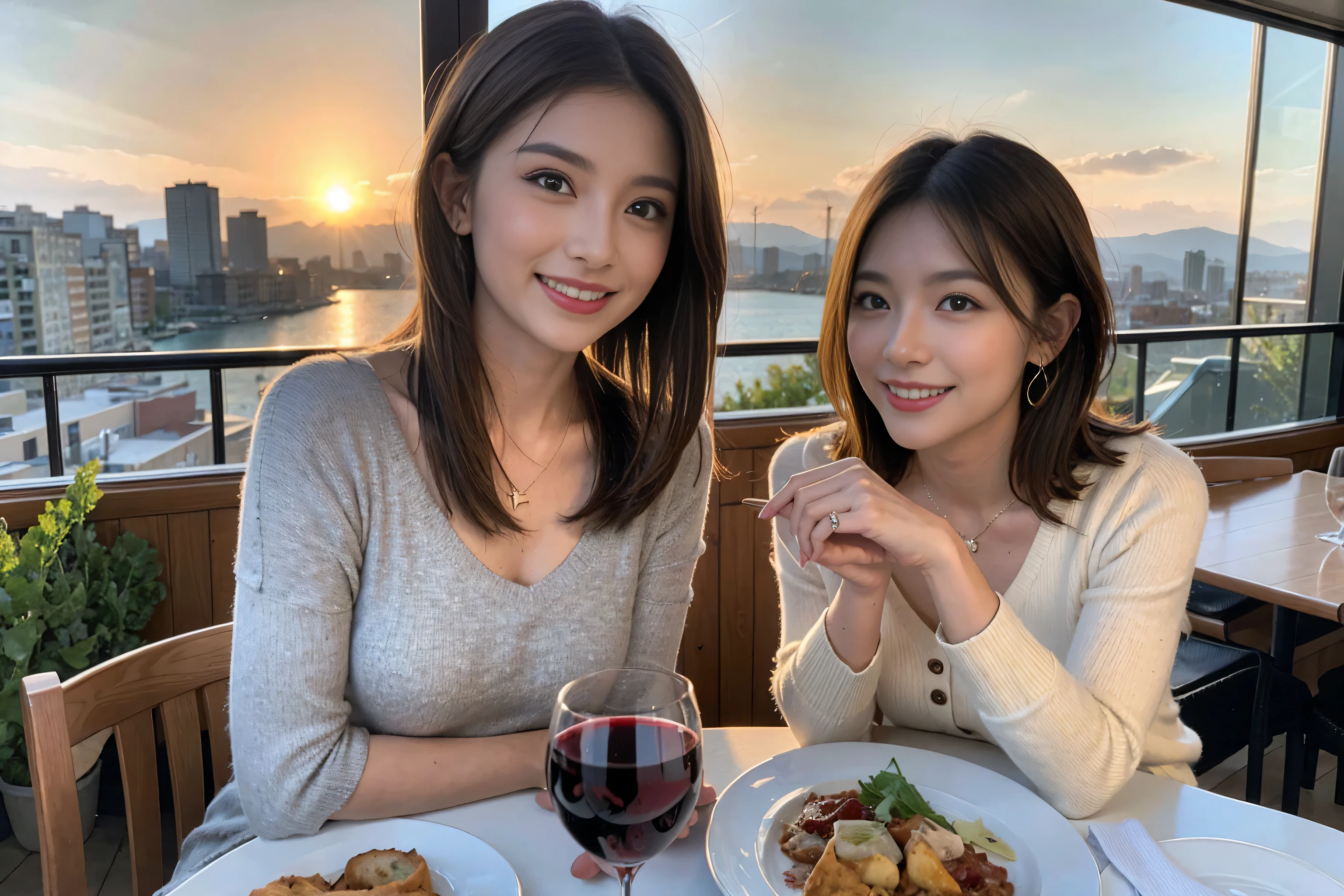 (Realistic:1.1),(masterpiece,Highest quality),8k,(49 years old), 47 years old, slimカップル、Model Couple、actress/actor、Tight waist,Upper Body,full-course dinner、wine 、Amazing view of the sunset sky and clouds、Perfect Anatomy, Brown Hair, short hair,Random Hairstyles,((Highly detailed face and eyes:1.2)),Perfect golden ratio face,Long sleeve shirt、dress,(smile:1.2)、Shortcuts、cute、(Realistic, Intricate details:1.2), A bright smile、short hair,Bright Face、赤wine 、Appetizers、Italian food、wine bottle、Champagne、スパークリングwine、(slimな顔), (The body is slim), (Brown Hair), (Shortcuts), Upper Body, 白wine, slim, wineグラス,