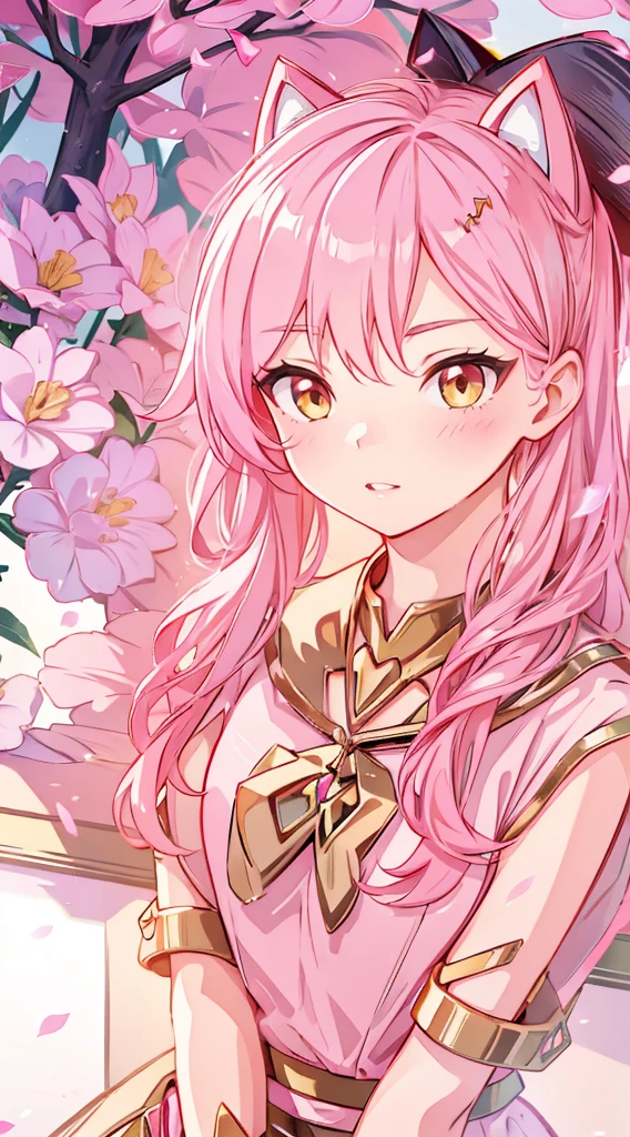 An anime girl with cat ears. Fake cat ears, and the cat ears are gold-rimmed on the head, long pink hair, very long hair, bright pink hair, white miniskirt , She wears white gloves on her hands, pinker BH pinker Tanger, around the neck a golden collar, View to the viewer, 
sexly,, cute face",, orange eyes with pink freckles , with a blow no spikenard in the face ,,