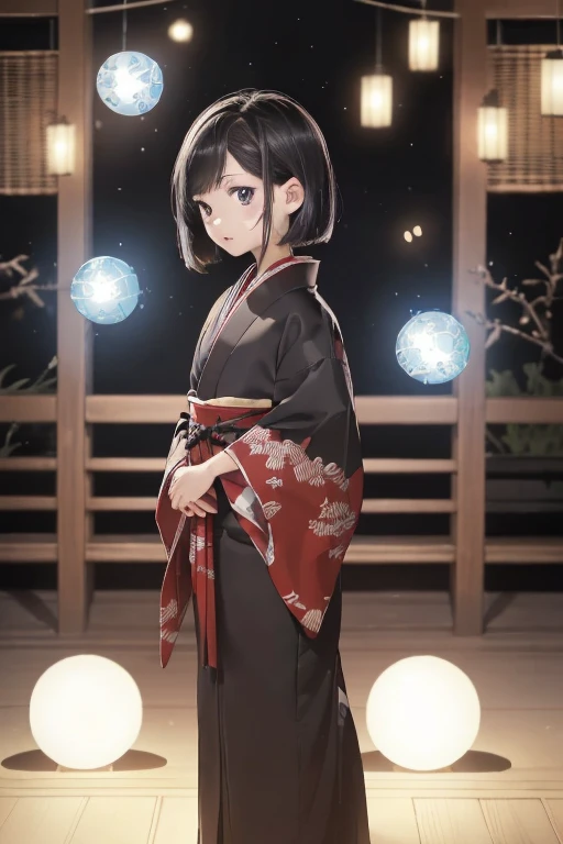 (Official Art、Highest quality、unity 8k wallpaper、32K、masterpiece、Very detailed、Ultra-high resolution、Oil painting style:1.2)、
thin、5～Children around 6 years old
(profile、Short Bob、Black Hair)、Realistic eyes、Sharp eyes、Beautiful woman in red and black kimono、(Very detailed顔と目、Beautiful Face、Very detailed肌、Fine skin:1.3)
(Pause、Standing posture、Full body view 1,6)
High definition background with three blue fireballs flying around、Blurred Background、Japanese-style room、salon、A dark tatami room late at night