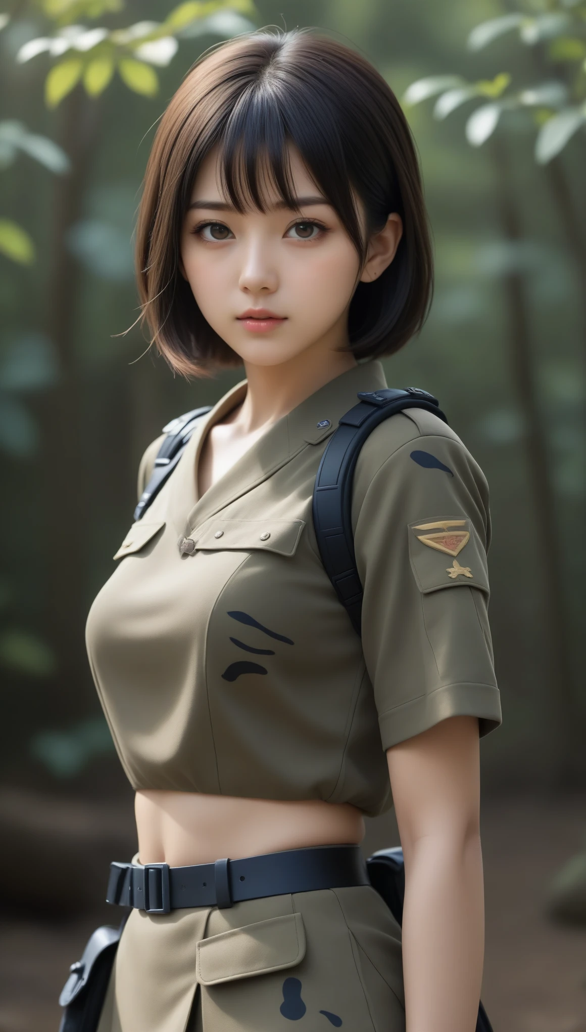8k, Ultra-high resolution, Highest quality, masterpiece, 三分割法によるphotograph,Surreal, photograph, 1 Girl, (:1.3), pretty girl, Cute Face, Beautiful eyes in every detail, 細かくdetailedに,masterpiece,One Girl:1.2,Japanese female soldier,full body,furious,Black short hair,Bob with bangs, (camouflage clothing:1.3),Pencil Skirt,Military clothing,Sharp contours,Looking down, (Dirty Face:1.3),battlefield, Light from above, Low contrast, (Side view),, Perfect and beautiful face ,完璧でCute Face, Skin with attention to detail, Perfect limbs、Narrow waist,Looking at the audience,(((Ideal body type))),A cup small breasts :2,Portraiture:2,Perfect Anatomy,鮮明なdetailed,detailed,Surreal,Light and shadow,darkness