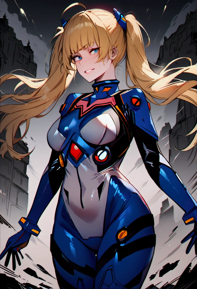 masterpiece, best quality 1girl, solo, beautiful woman, messy bangs, blond hair, long hair, twin tails, ahoge, blue eyes, grin, large breasts, blue plugsuit, fantasy, looking at viewer, castell background